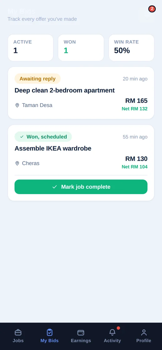 Berespro app, Your bids screen